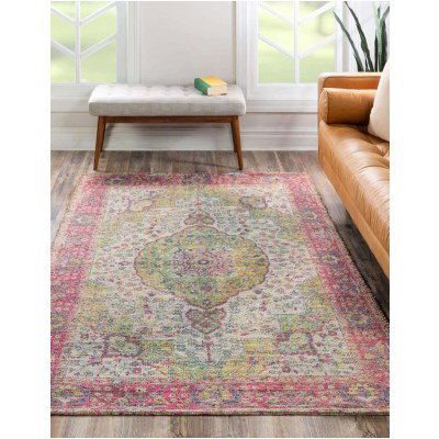 Tapete Yute y Chenille Medallón Curvo Rosado