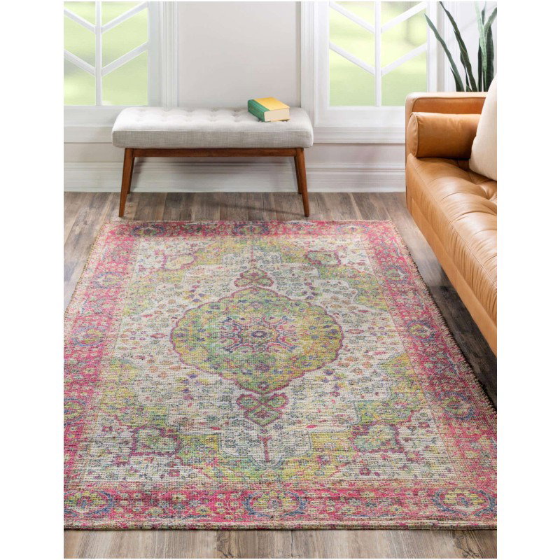 Tapete Yute y Chenille Medallón Curvo Rosado