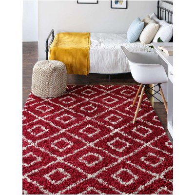 Tapete Shaggy Rombos Enrejados en Rojo Burdeos