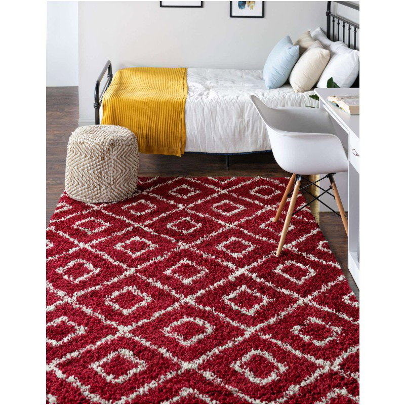 Tapete Shaggy Rombos Enrejados en Rojo Burdeos