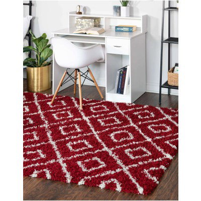 Tapete Shaggy Rombos Enrejados en Rojo Burdeos