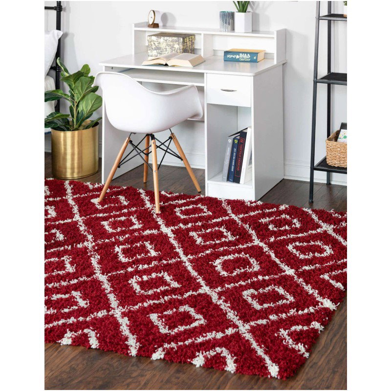 Tapete Shaggy Rombos Enrejados en Rojo Burdeos