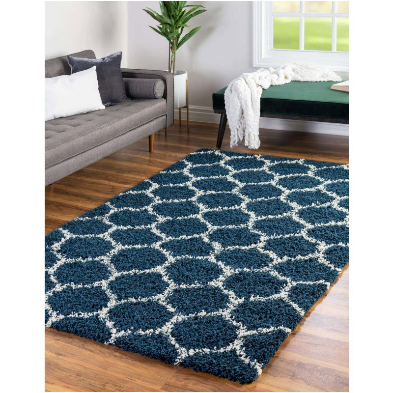 Tapete Shaggy Enrejado en Azul Marino