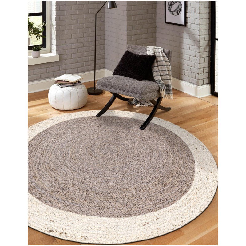 Tapete Trenzado de Yute Gris con Borde Blanco