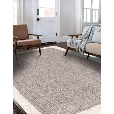 Tapete Trenzado de Yute Gris con Borde Blanco