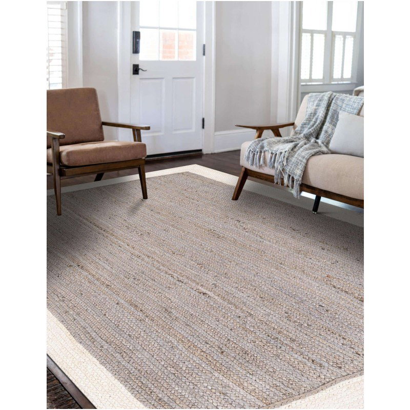 Tapete Trenzado de Yute Gris con Borde Blanco