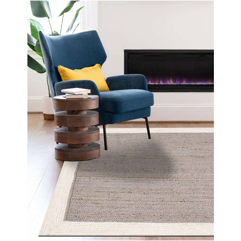 Tapete Trenzado de Yute Gris con Borde Blanco