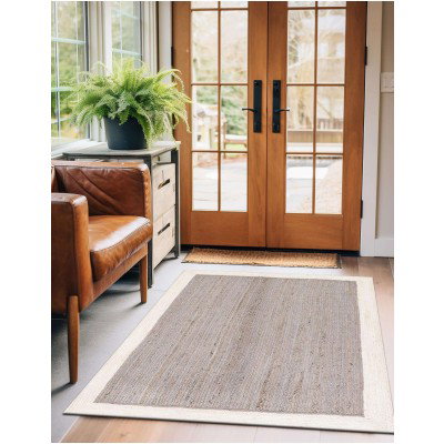 Tapete Trenzado de Yute Gris con Borde Blanco