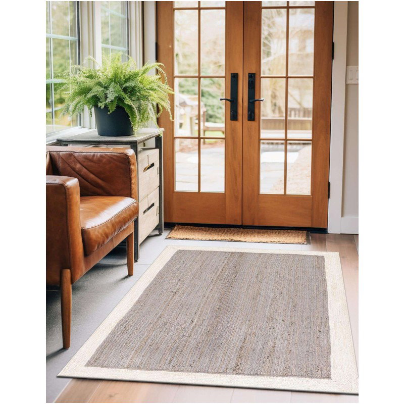 Tapete Trenzado de Yute Gris con Borde Blanco