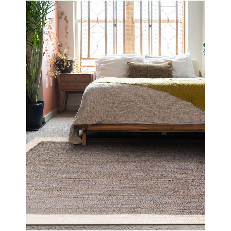 Tapete Trenzado de Yute Gris con Borde Blanco