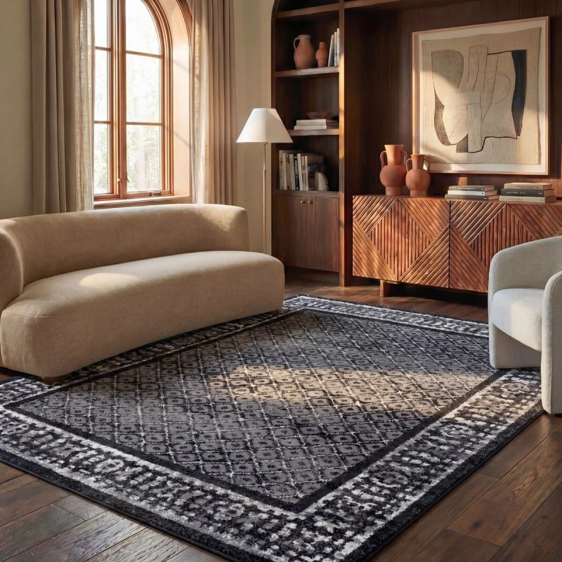 Tapete Adira de Diamantes en Negro con Gris