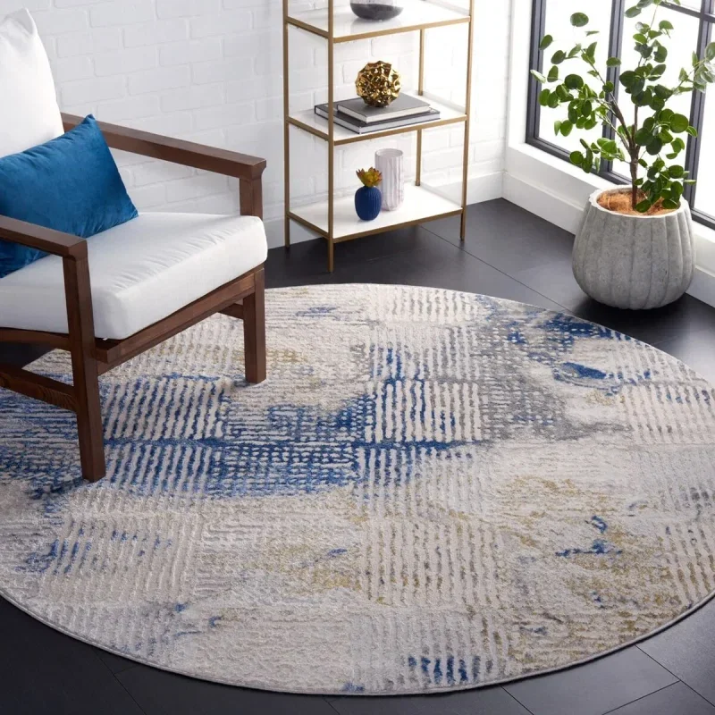 Tapete Palmar de Líneas Ondulantes en Beige con Azul