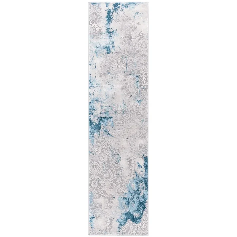 Tapete Prado de Brochazos Desgastado en Gris con Azul