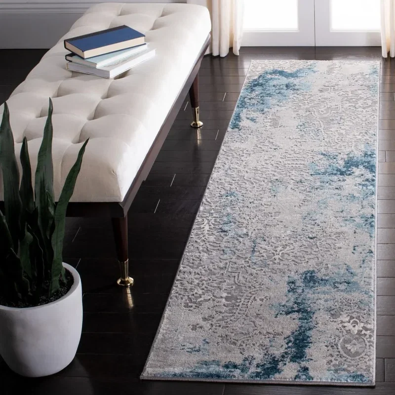 Tapete Prado de Brochazos Desgastado en Gris con Azul