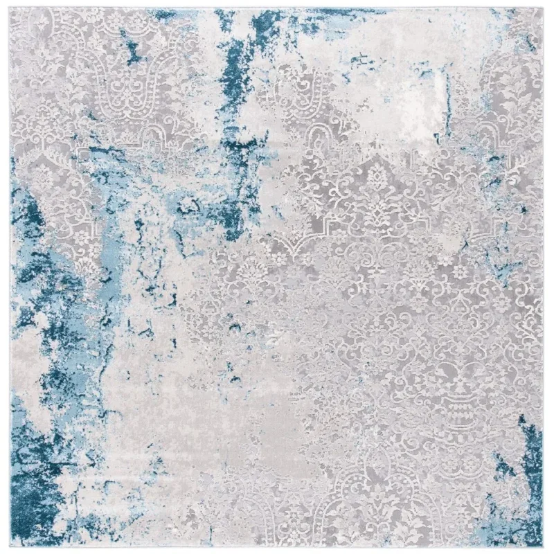 Tapete Prado de Brochazos Desgastado en Gris con Azul