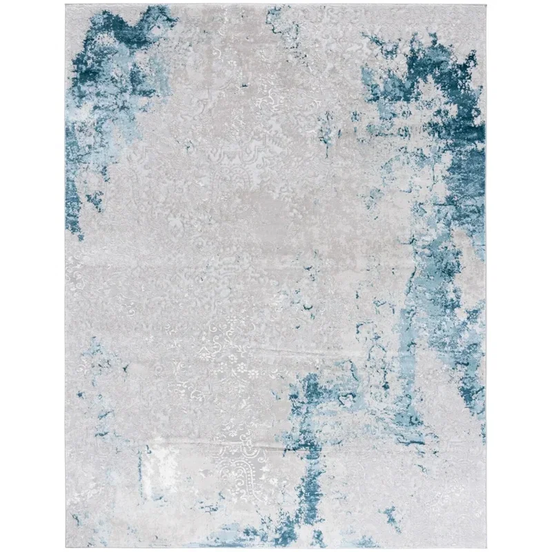Tapete Prado de Brochazos Desgastado en Gris con Azul