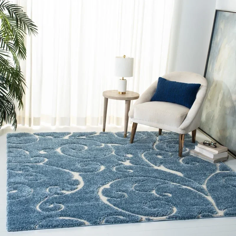 Tapete Shag Miami Damasco en Azul con Marfil