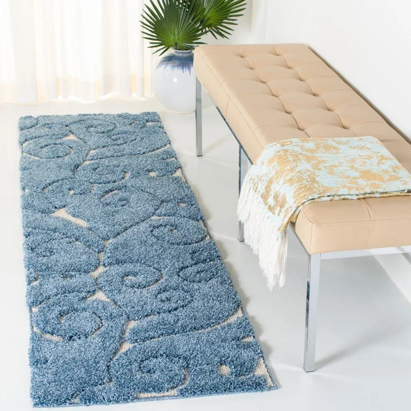 Tapete Shag Miami Damasco en Azul con Marfil