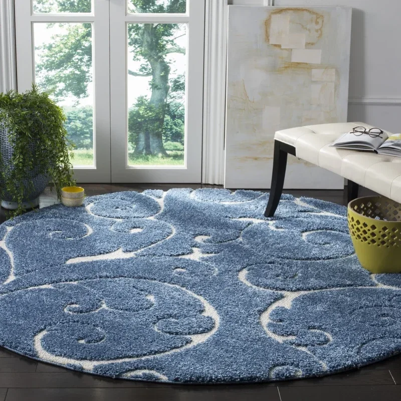 Tapete Shag Miami Damasco en Azul con Marfil