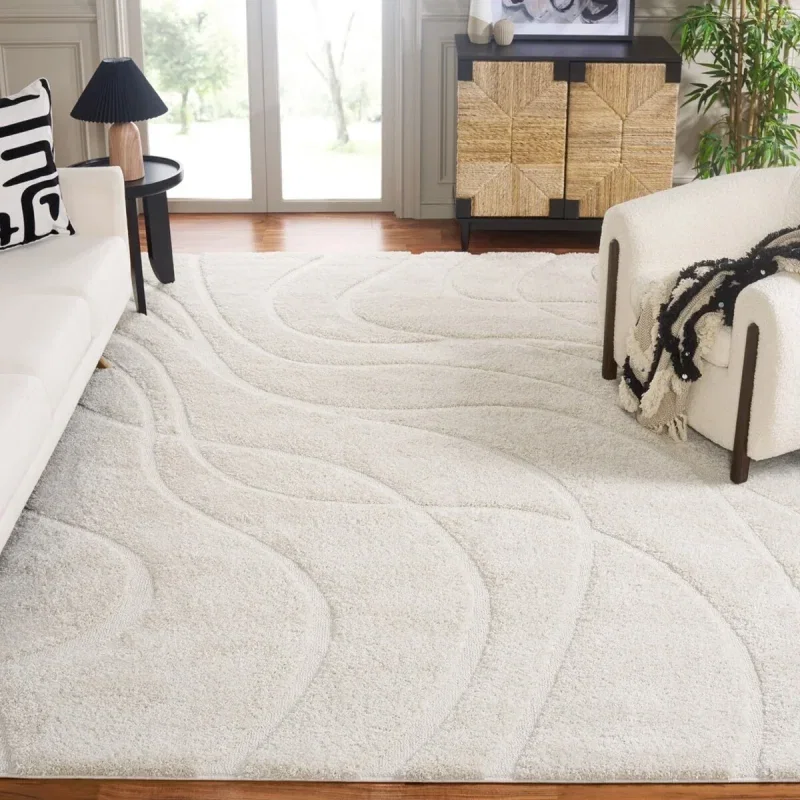 Tapete Shag Miami de Curvas en Natural con Marfil