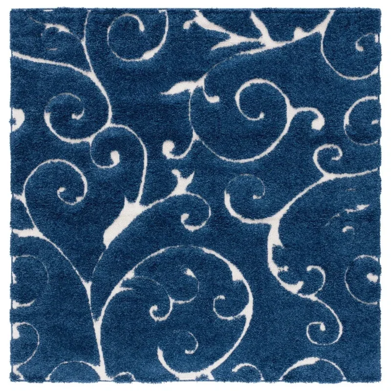 Tapete Shag Miami de Hojas en Azul con Marfil