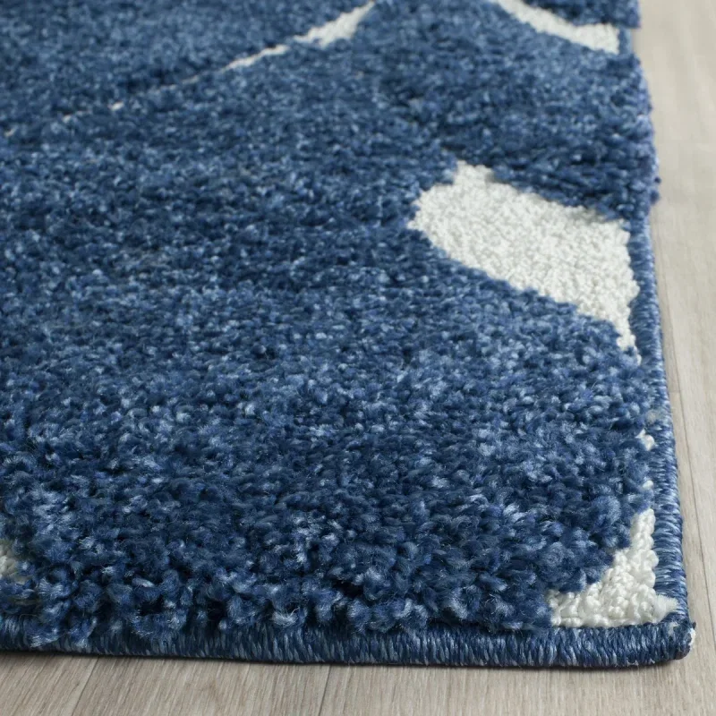 Tapete Shag Miami de Hojas en Azul con Marfil