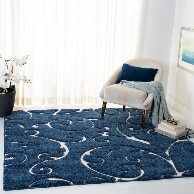 Tapete Shag Miami de Hojas en Azul con Marfil