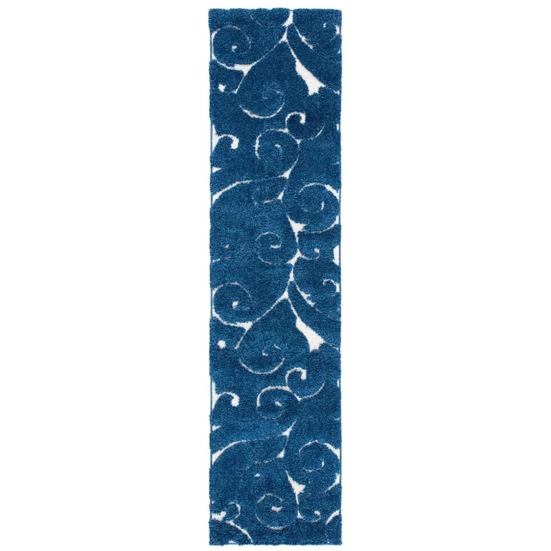 Tapete Shag Miami de Hojas en Azul con Marfil