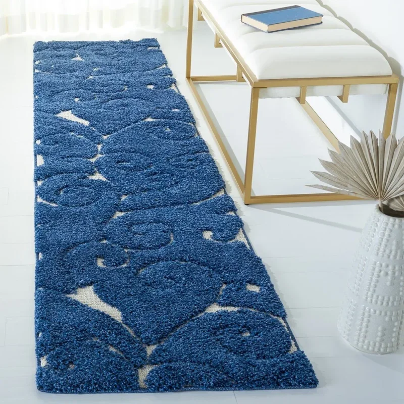 Tapete Shag Miami de Hojas en Azul con Marfil