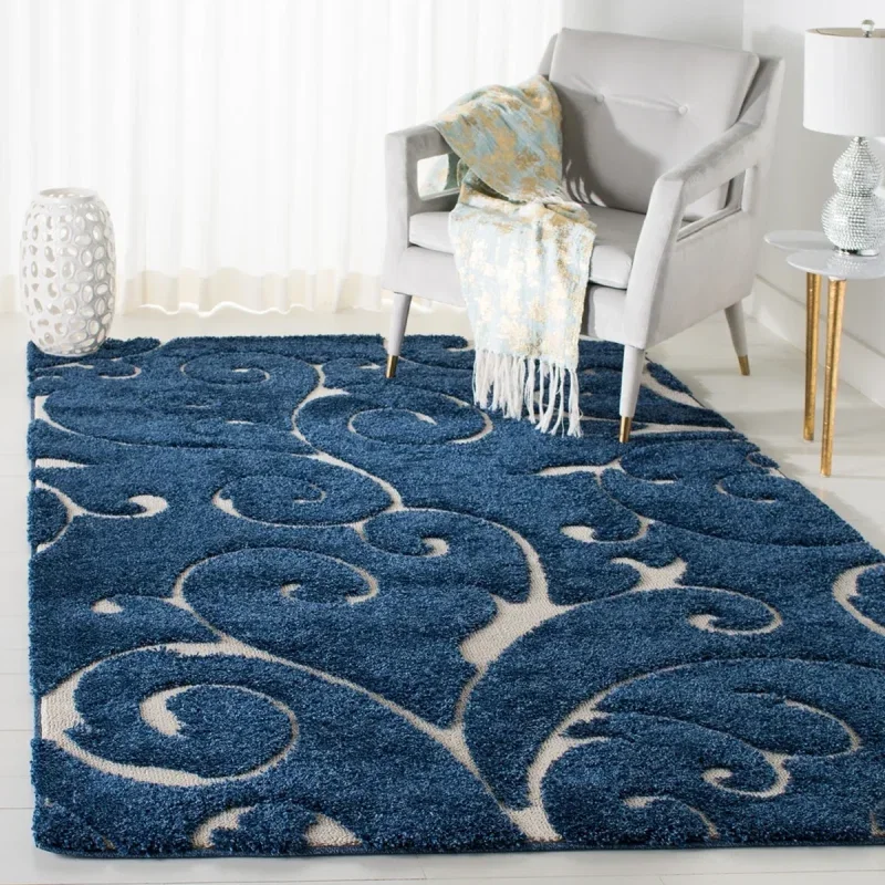 Tapete Shag Miami de Hojas en Azul con Marfil