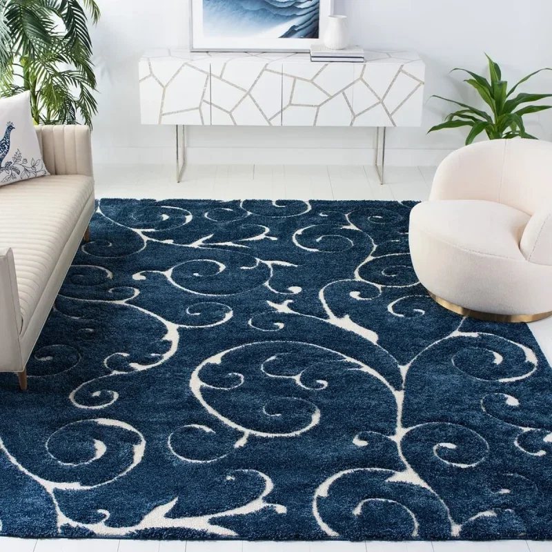 Tapete Shag Miami de Hojas en Azul con Marfil