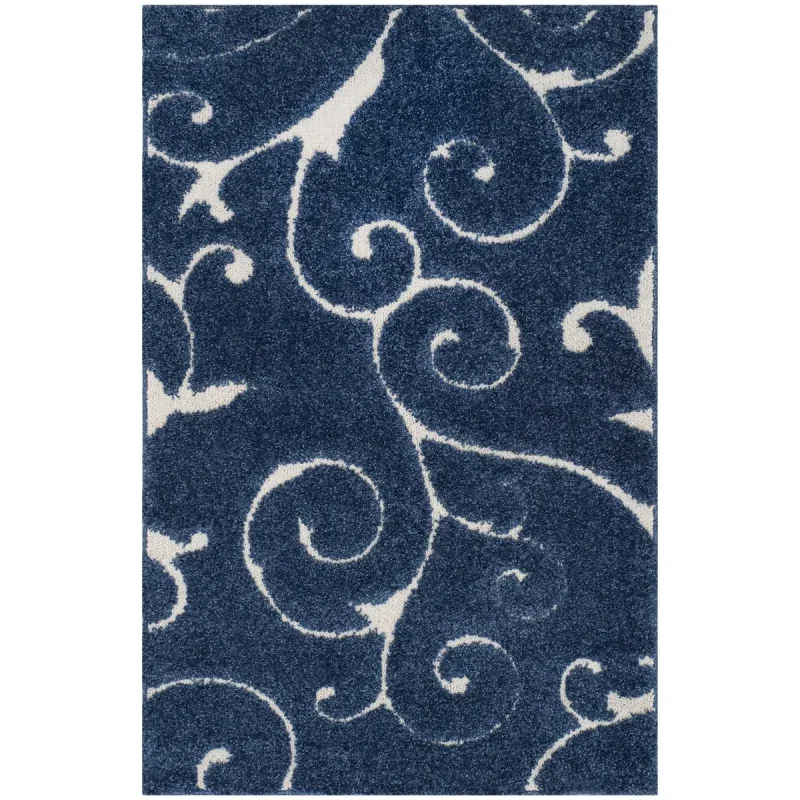 Tapete Shag Miami de Hojas en Azul con Marfil