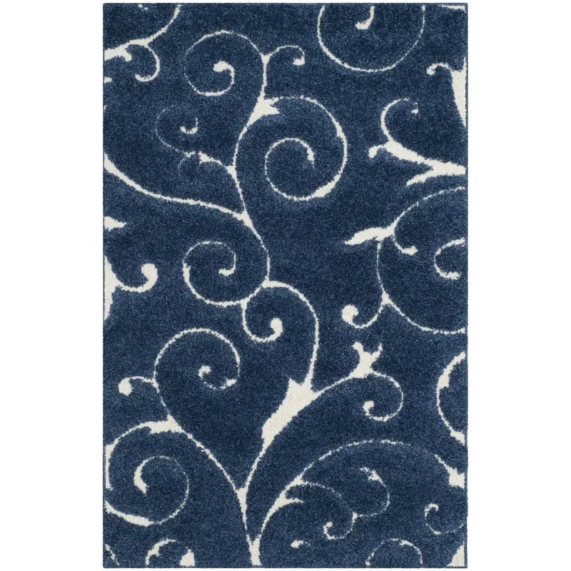 Tapete Shag Miami de Hojas en Azul con Marfil