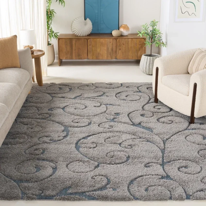 Tapete Shag Miami de Hojas en Gris con Azul