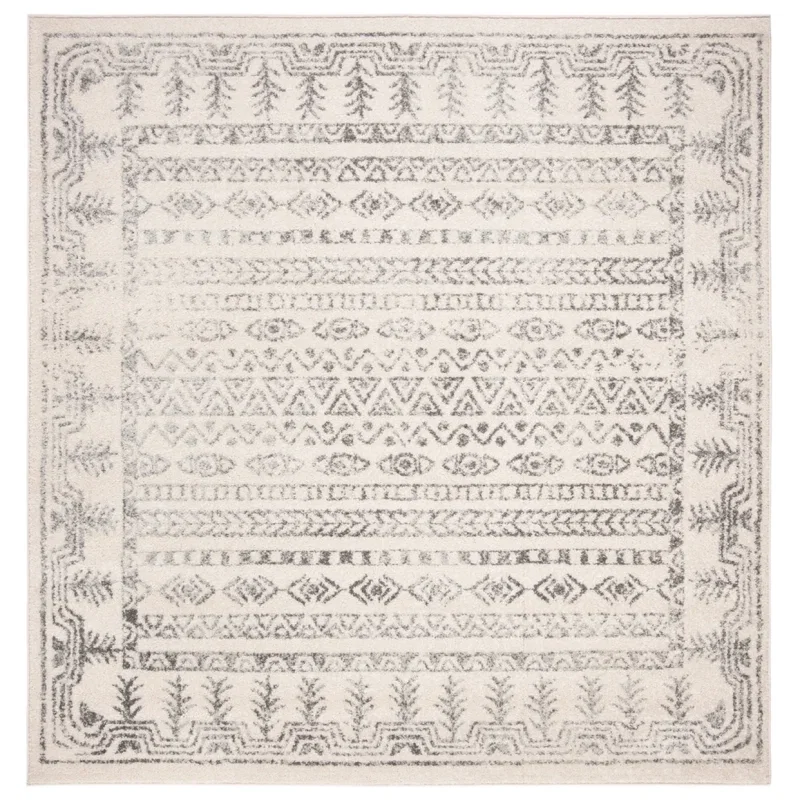 Tapete Tula de Franjas Ornamentales en Marfil con Gris