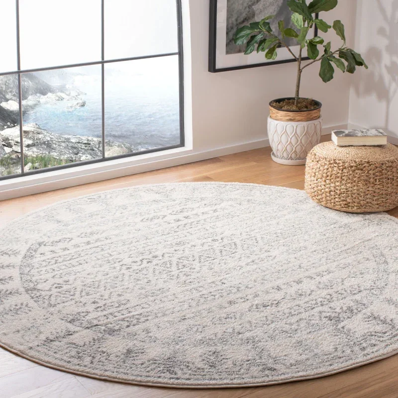 Tapete Tula de Franjas Ornamentales en Marfil con Gris