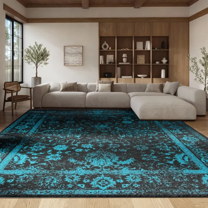 Tapete Adira de Hojas en Negro con Verde Azulado