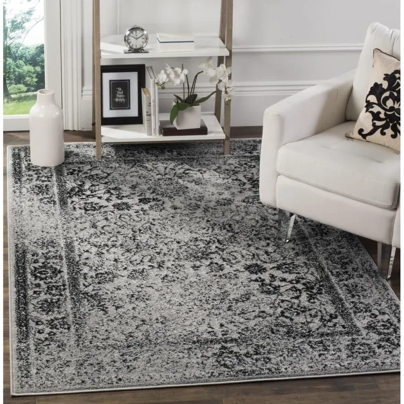 Tapete Adira Tradicional Floral en Gris con Negro