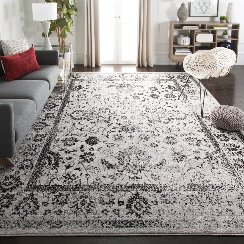 Tapete Adira Tradicional Floral en Gris con Negro