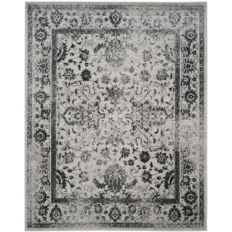Tapete Adira Tradicional Floral en Gris con Negro
