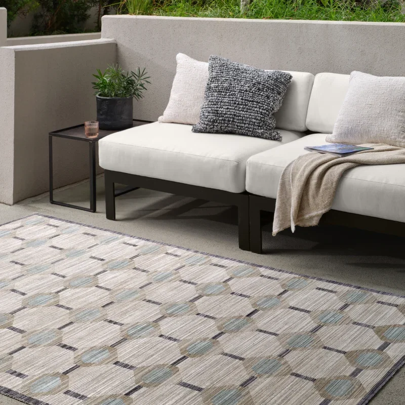 Tapete Exterior Baldosa Azulejos Geométricos en Azul y Gris