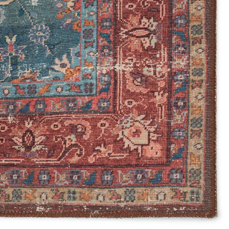 Tapete Hacienda Floral Persa Desgastado en Azul y Rojo