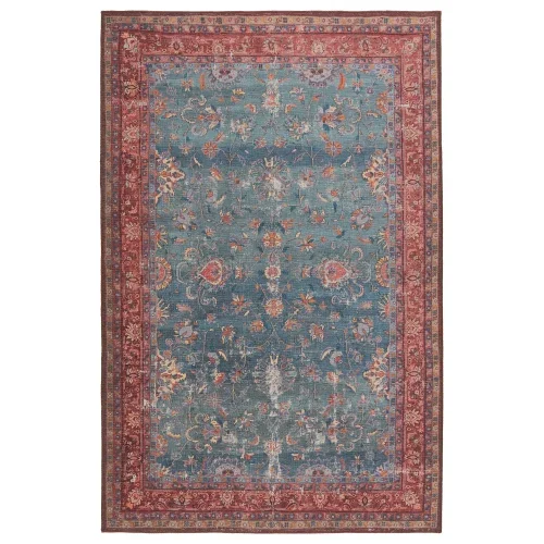 Tapete Hacienda Floral Persa Desgastado en Azul y Rojo