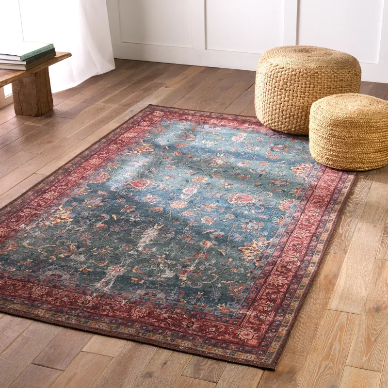 Tapete Hacienda Floral Persa Desgastado en Azul y Rojo