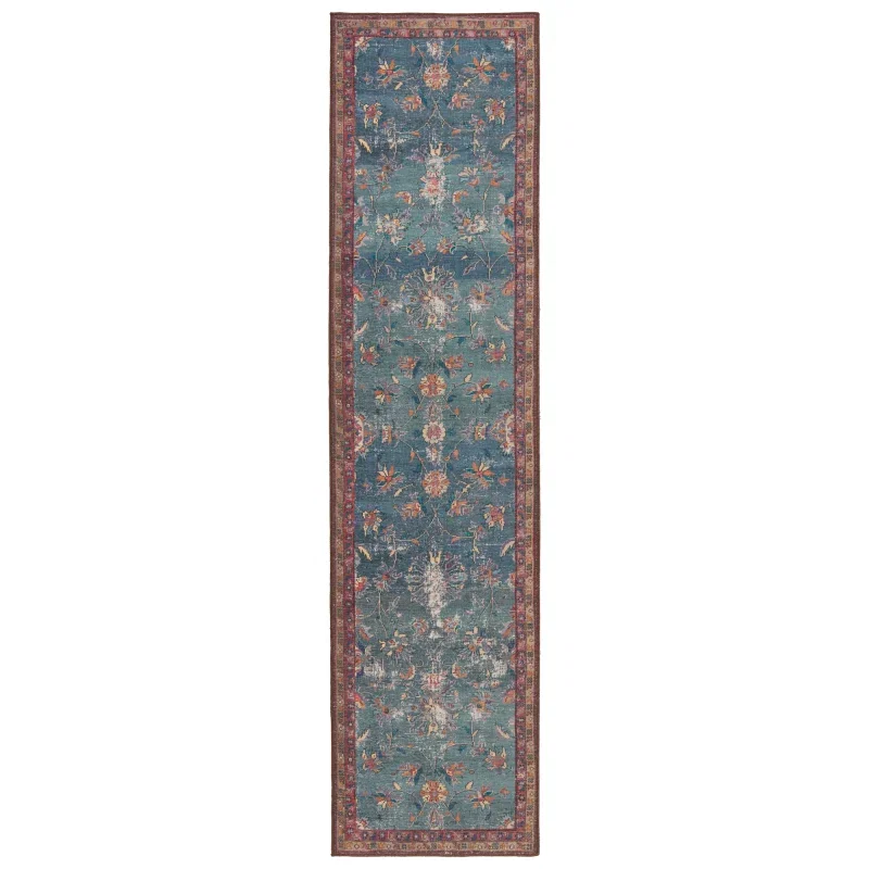 Tapete Hacienda Floral Persa Desgastado en Azul y Rojo