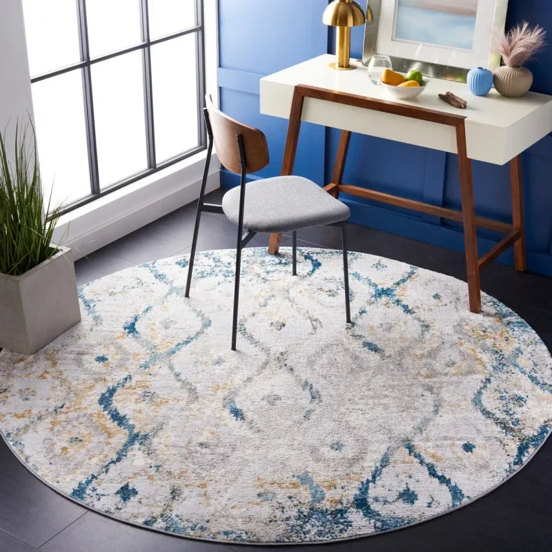 Tapete Prado Geométrico en Gris con Azul y Dorado