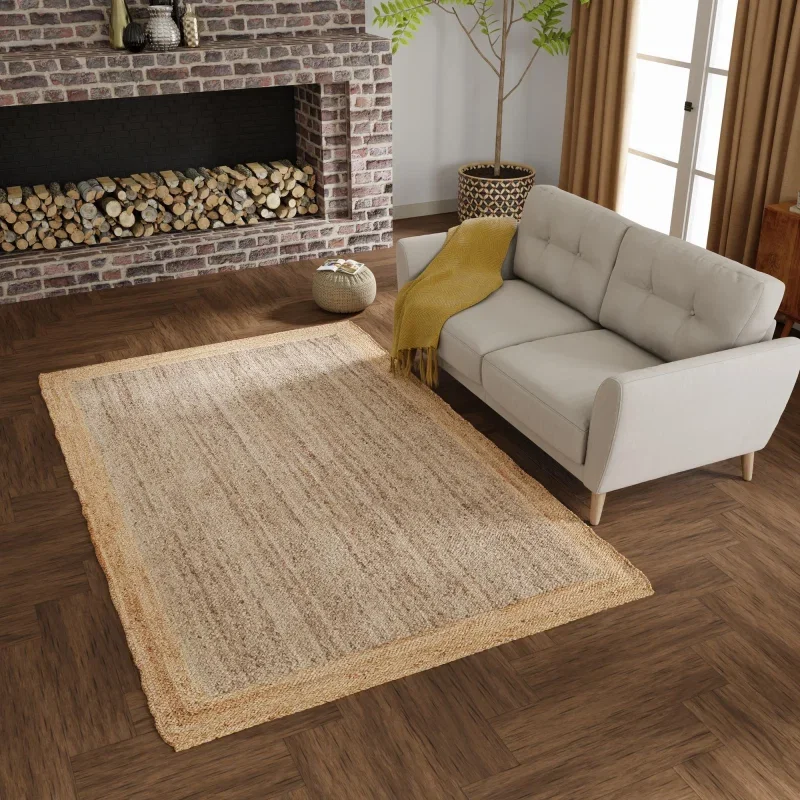 Tapete Trenzado de Yute Gris con Borde Natural