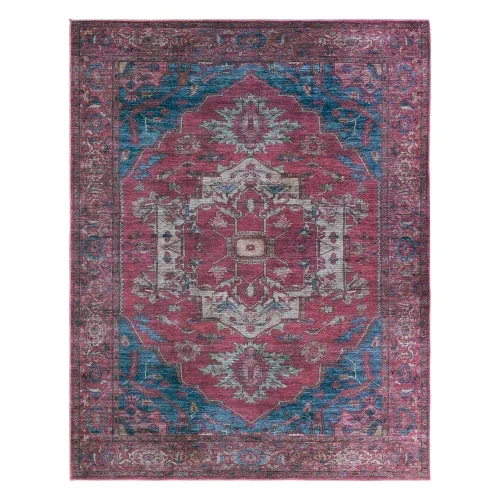 Tapete Vendimia Medallón Floral Desgastado en Rojo y Azul