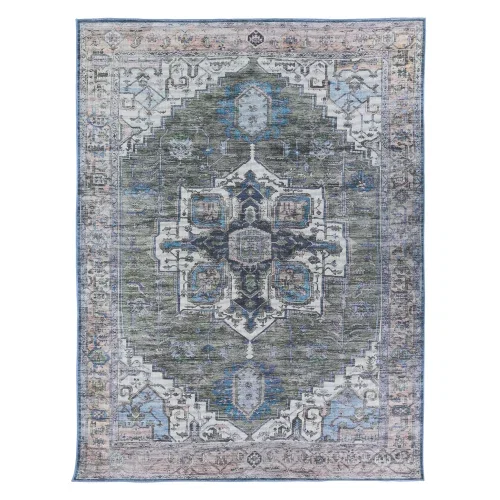 Tapete Vendimia Medallón Floral Desgastado en Verde y Azul