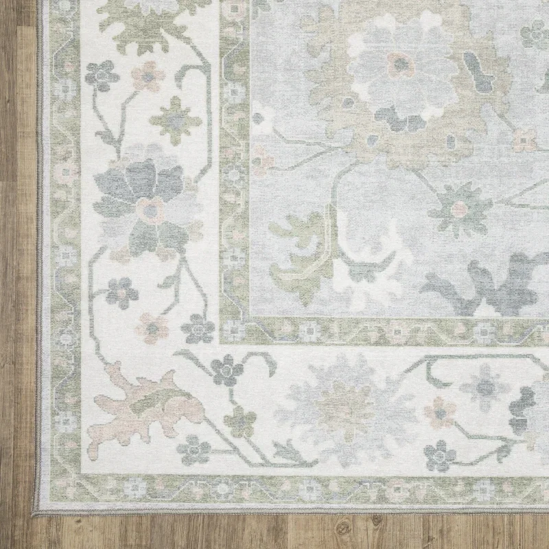 Tapete Adina Floral en Azul Grisáceo con Verde Salvia